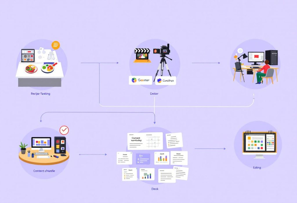 An organized content production workflow showing multiple stations: recipe testing kitchen, photography setup, editing desk, and content scheduling area, all interconnected.