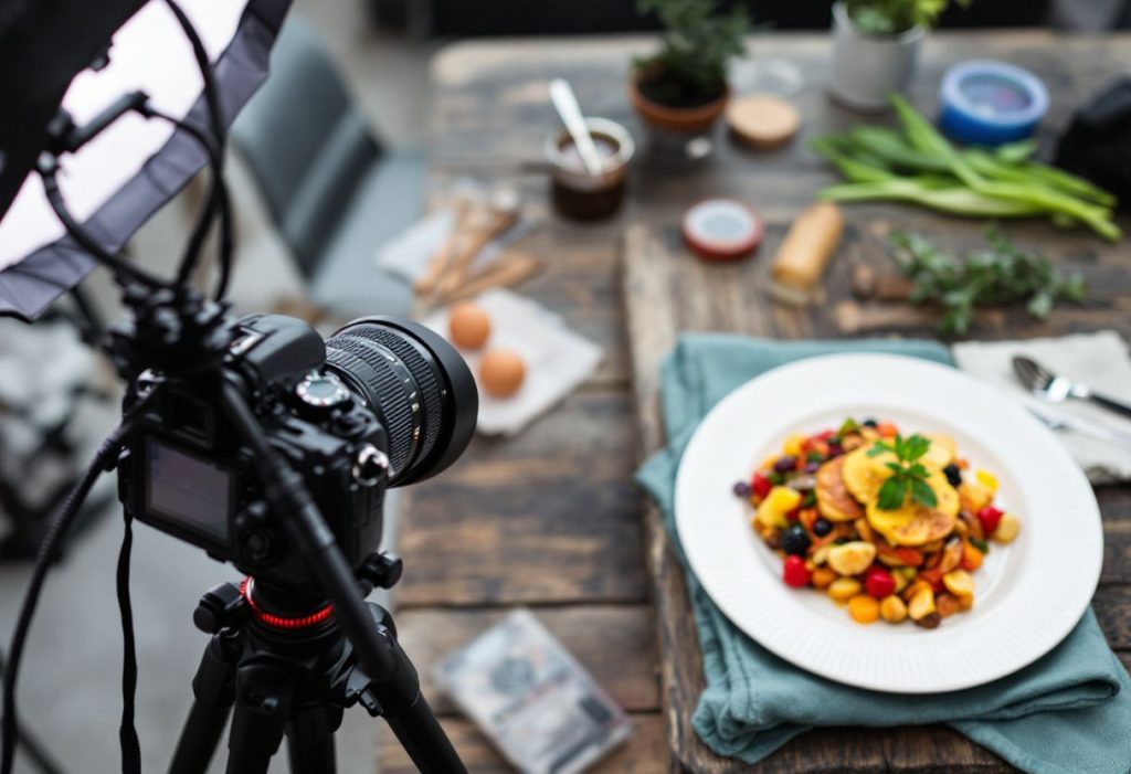 A professional food photography setup with a DSLR camera on a tripod, softbox lighting, and a beautifully plated dish on a rustic wooden table. Props and styling tools are neatly arranged nearby.