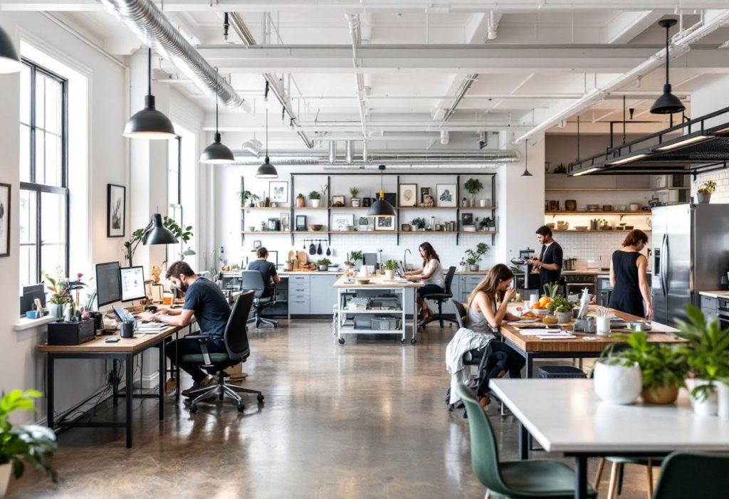 A sophisticated office space dedicated to food blogging, showing multiple workstations with editors and content creators, professional photography areas, and a test kitchen, all working seamlessly together.