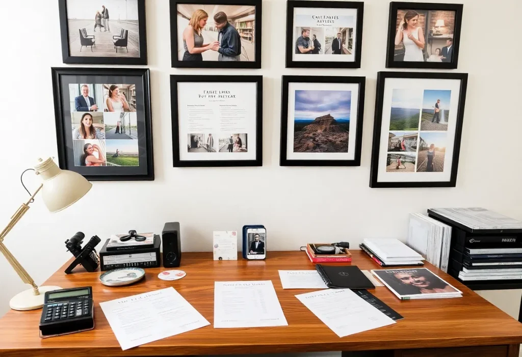 A well-organized photography business workspace showcasing the essential elements of professional pricing and client presentation.