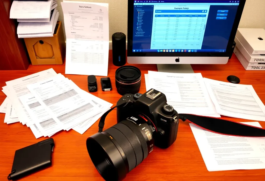 A well-organized photography business management setup highlighting essential financial tracking and business operations tools.